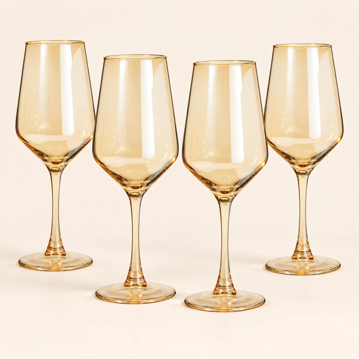 ELEGANCKI ZESTAW KIELISZKÓW DO WINA BURSZTYNOWYCH ZE ZŁOTYM RANTEM – ATMOSFERA (4 SZTUKI, 400 ml)