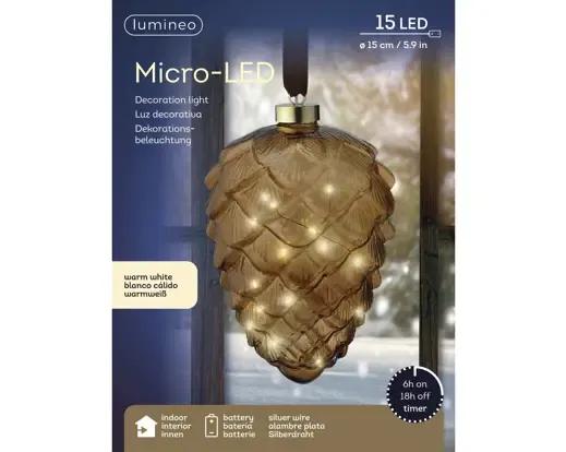 Szyszka Szklana Wisząca LED 15cm – Lampka Świąteczna na Baterie z Timerem Lumineo Bursztynowa / Brązowa