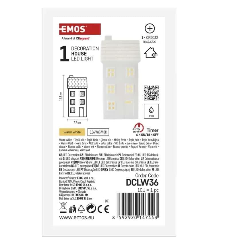 Domek Ceramiczny Świąteczny EMOS DCLW36 – 16 cm, 1x LED, Ciepła Biel (z Timerem)