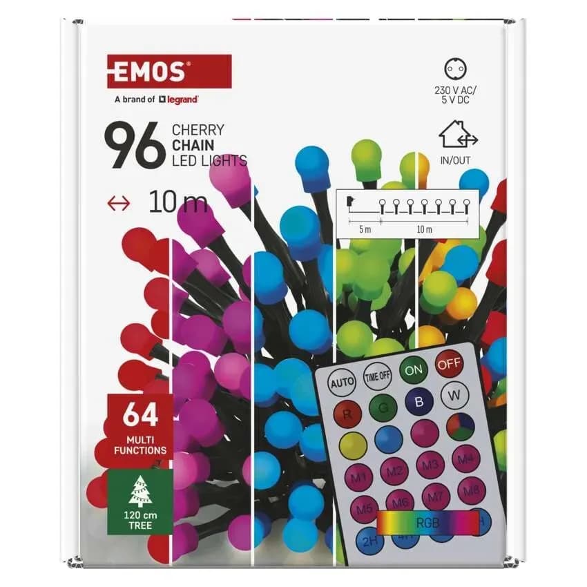 EMOS Łańcuch Choinkowy CHERRY Kulki 96 LED 10m (RGB) – Pilot + 64 Funkcje