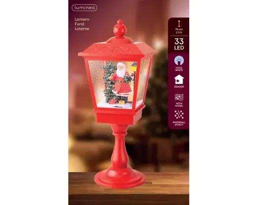 Świąteczna Latarnia Śnieżna z Muzyką 33 LED Zimna Biel 70cm Czerwona z Mikołajem