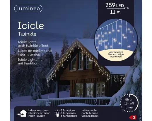 Kurtyna Sople Lumineo Icicle Twinkle 259 LED 11m Ciepły Biały Biały Kabel Timer IP44