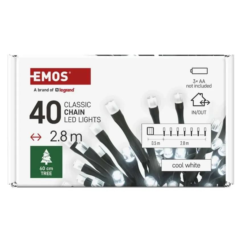EMOS Łańcuch Choinkowy Bateryjny CLASSIC 40 LED 2,8m (Zimna Biel) – IP44 z Timerem