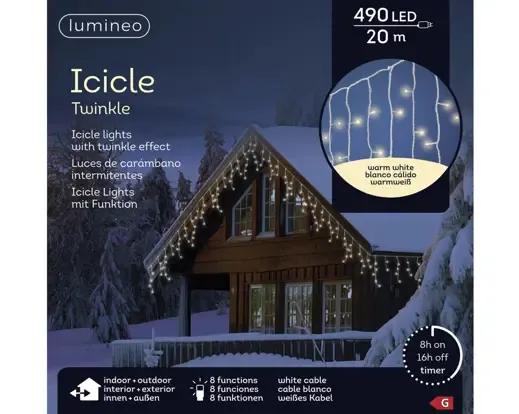 Profesjonalna Kurtyna Świetlna Sople 490 LED 20m – Ciepła Biel (Twinkle) / Czarny Przewód