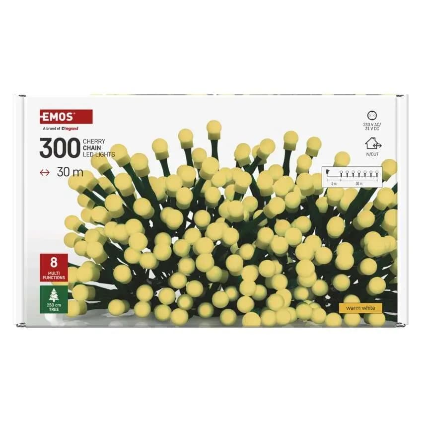 Lampki Choinkowe Kulki EMOS Cherry 300 LED – 30m, Ciepła Biel (Multifunkcja)