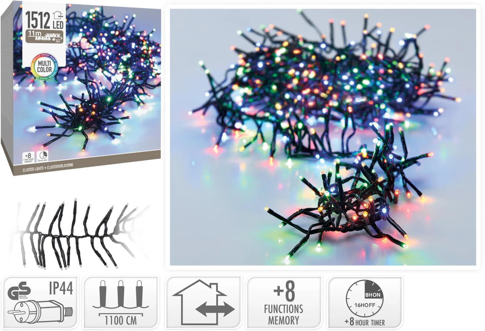 LAMPKI CHOINKOWE CLUSTER JEŻYK 1512 LED MULTIKOLOR 11m TIMER IP44