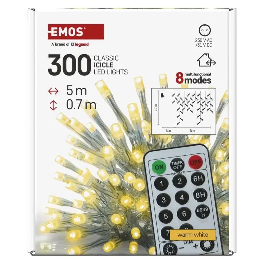EMOS Oświetlenie Świąteczne Sople Kurtyna 300 LED 5m (Ciepła Biel) – Pilot + 8 Funkcji + Ściemniacz