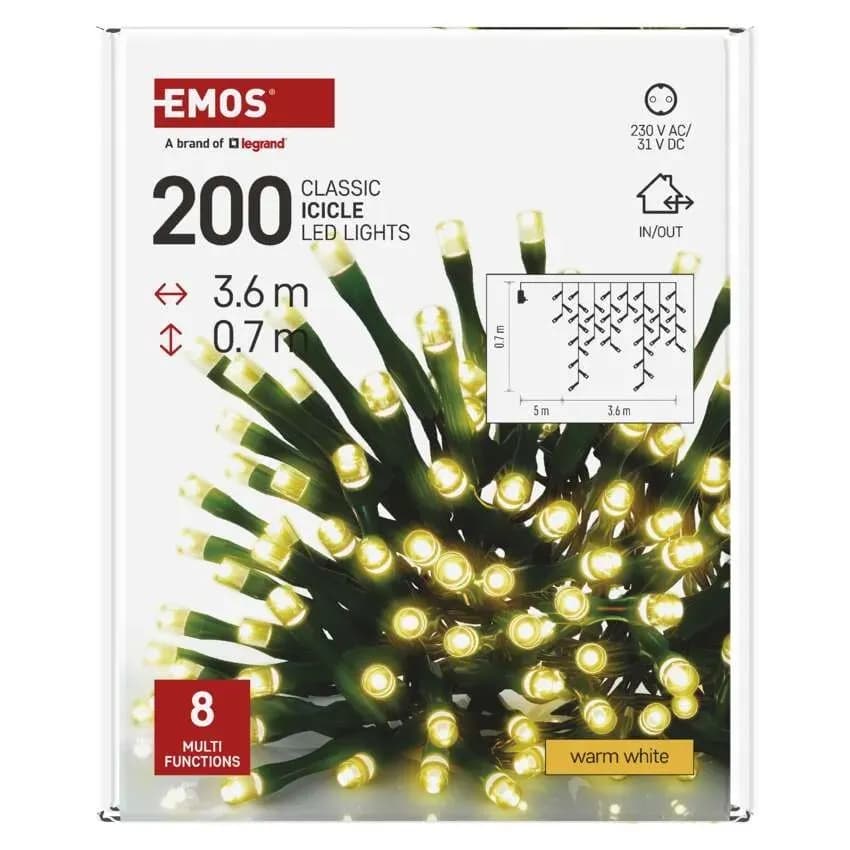 EMOS Oświetlenie Świąteczne Sople Kurtyna 200 LED 3,6m (Ciepła Biel) – 8 Funkcji