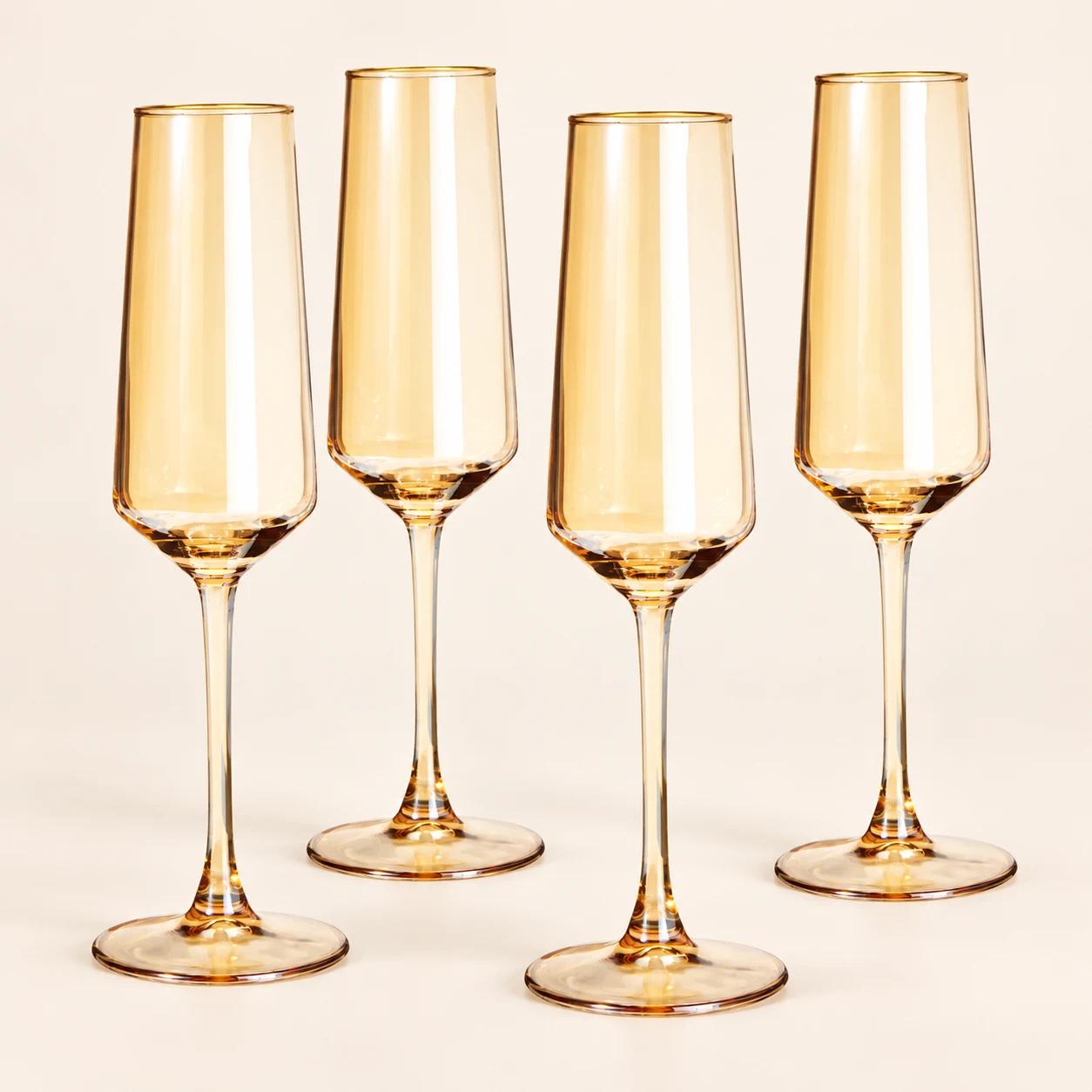 ELEGANCKI ZESTAW KIELISZKÓW DO SZAMPANA BURSZTYNOWYCH ZE ZŁOTYM RANTEM – ATMOSFERA (4 SZTUKI, 225 ml)