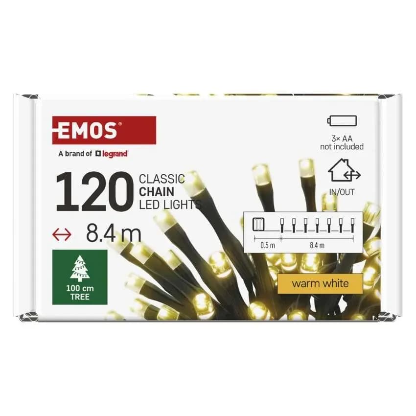 EMOS Łańcuch Choinkowy Bateryjny CLASSIC 120 LED 8,4m (Ciepła Biel) – IP44 z Timerem