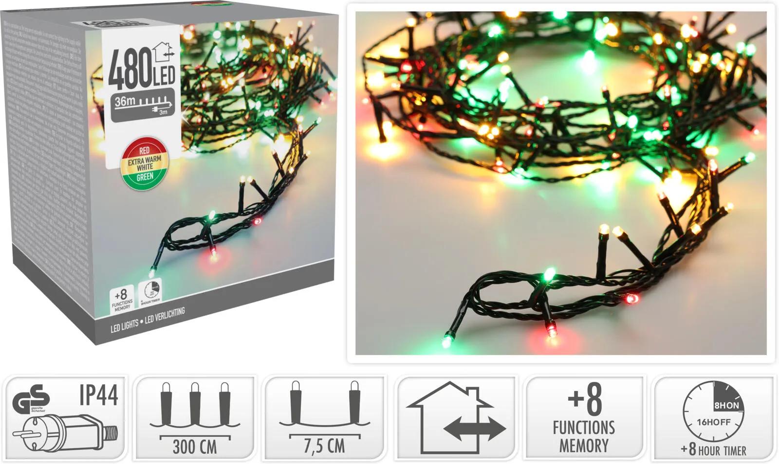 Lampki Choinkowe 480 LED – Bardzo Długi Łańcuch Świetlny 3-Kolorowy (Czerwony, Ciepła Biel, Zielony) 38.9m z Timerem i Pamięcią, IP44 Zewnętrzne