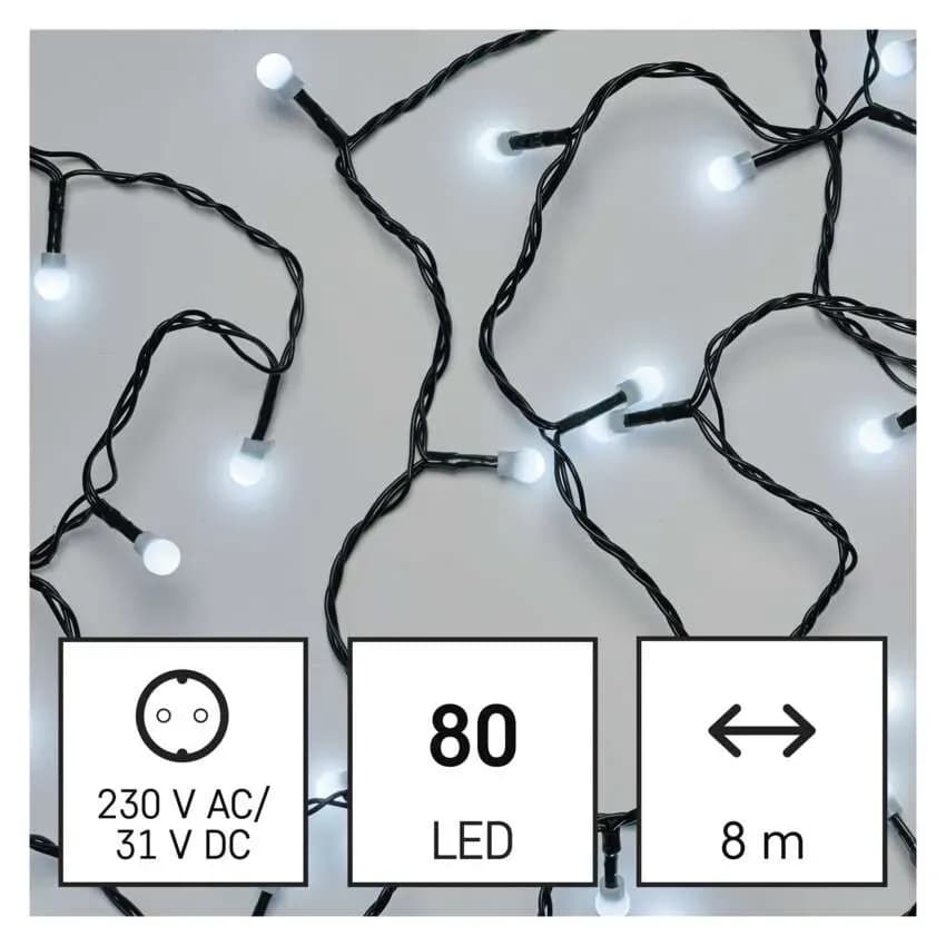 Lampki Choinkowe Kulki EMOS Cherry 80 LED – 8m, Zimna Biel (Multifunkcja)