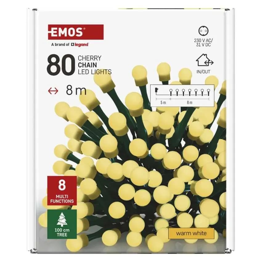 Lampki Choinkowe Kulki EMOS Cherry 80 LED – 8m, Ciepła Biel (Multifunkcja z Timerem)