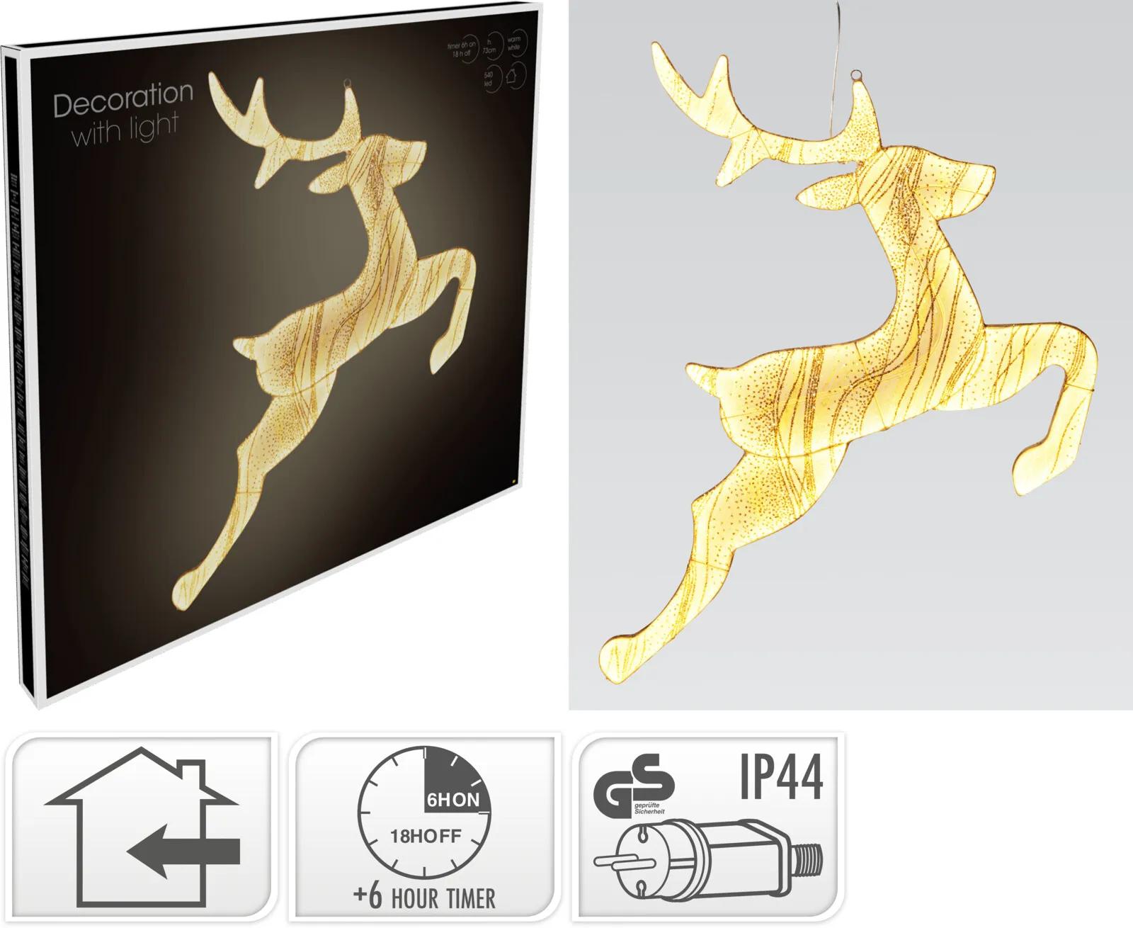 DEKORACJA ŚWIETLNA LED RENIFER WISZĄCY 79x73cm – ZŁOTY BROKATOWY 540 LED
