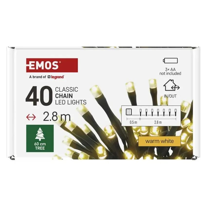 EMOS Łańcuch Choinkowy Bateryjny CLASSIC 40 LED 2,8m (Ciepła Biel) – IP44 z Timerem