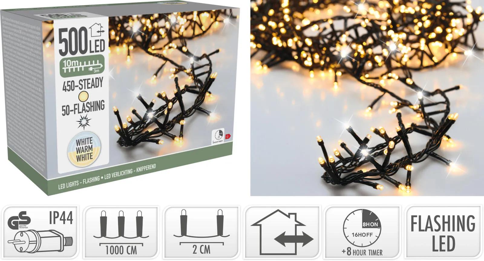 Lampki Choinkowe 500 LED 10m z Efektem Błysku Flash – Łańcuch Sznur Świetlny na Choinkę, Ciepła Biel, IP44 Zewnętrzne i Domowe