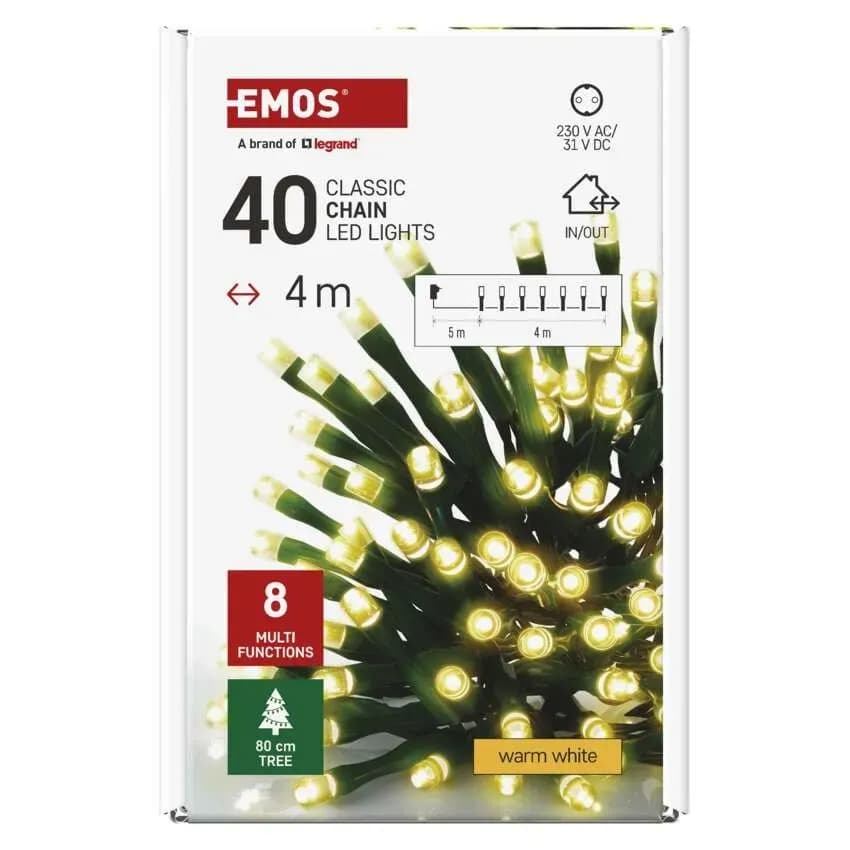 EMOS Łańcuch Choinkowy CLASSIC 40 LED 4m (Ciepła Biel) – 8 Funkcji