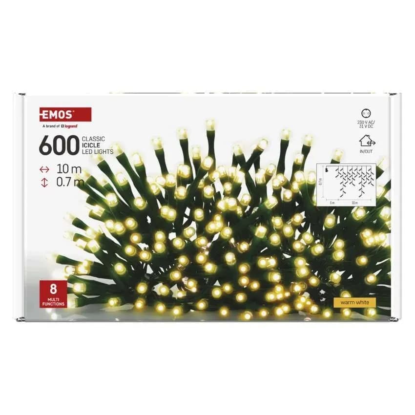 EMOS Oświetlenie Świątaczne Sople Kurtyna 600 LED 10m (Ciepła Biel) – 8 Funkcji