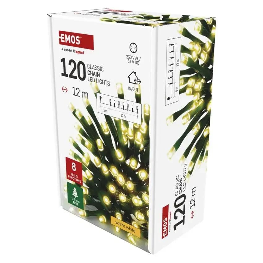 Lampki Choinkowe Świąteczne EMOS Classic 120 LED – 12m, Ciepła Biel (Multifunkcja z Timerem)