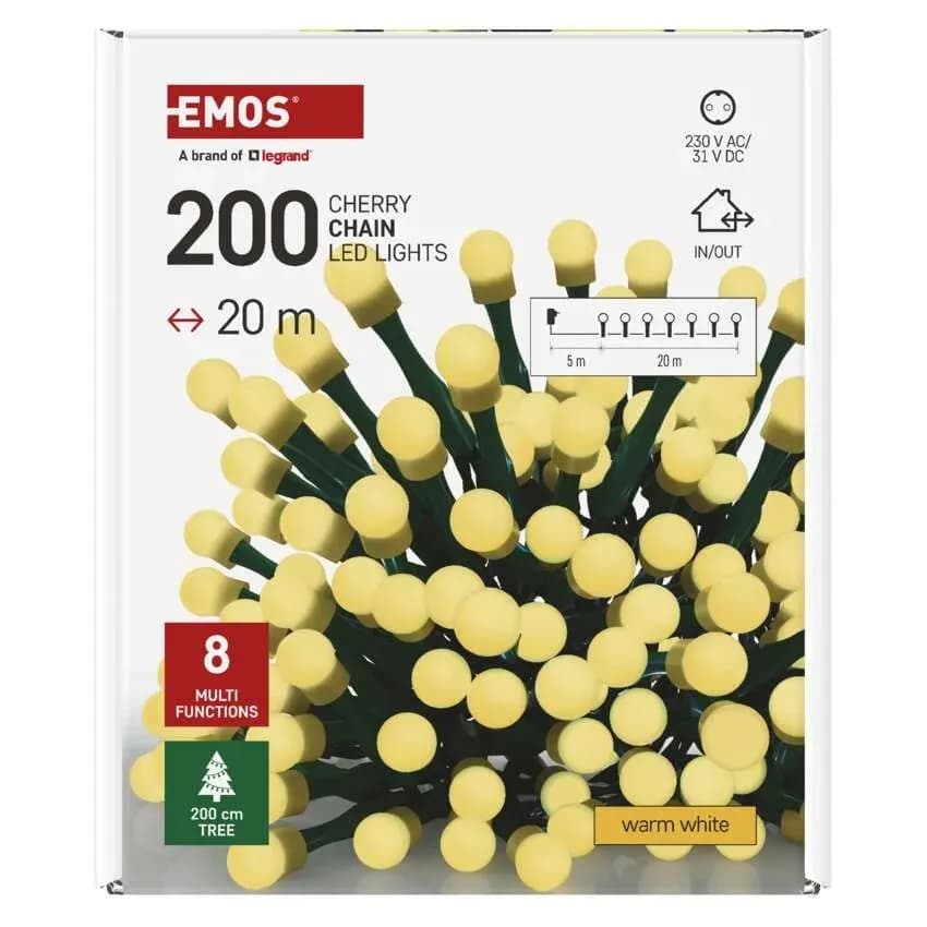 Lampki Choinkowe Kulki EMOS Cherry 200 LED – 20m, Ciepła Biel (Multifunkcja)