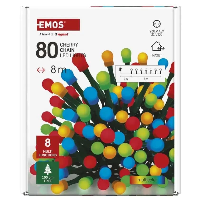 Lampki Choinkowe Kulki EMOS Cherry 80 LED – 8m, Multikolor (Multifunkcja)