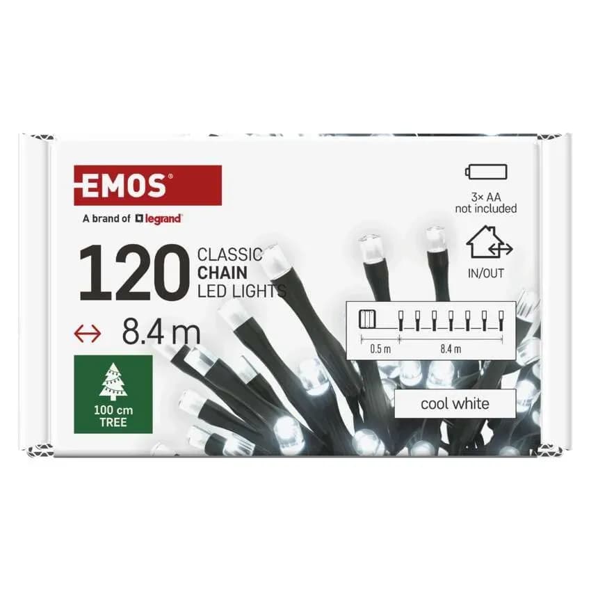 EMOS Łańcuch Choinkowy Bateryjny CLASSIC 120 LED 8,4m (Zimna Biel) – IP44 z Timerem