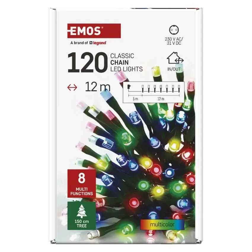 Lampki Choinkowe Świąteczne EMOS Classic 120 LED – 12m, Multikolor (Multifunkcja z Timerem)