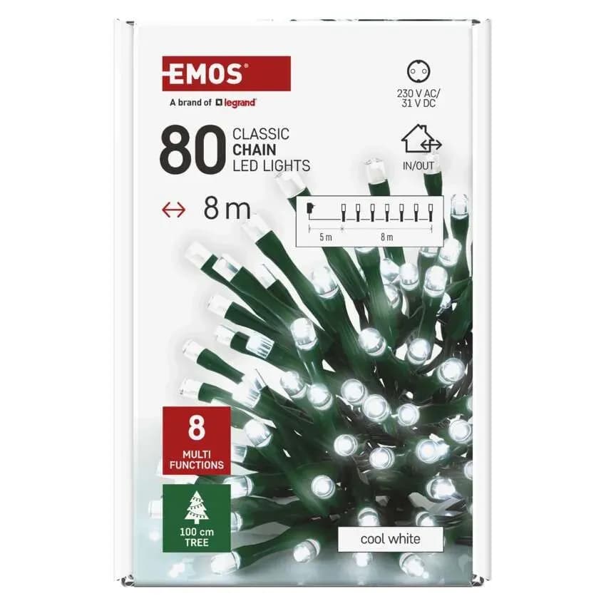 Lampki Choinkowe Świąteczne EMOS Classic 80 LED – 8m, Zimna Biel (Multifunkcja z Timerem)