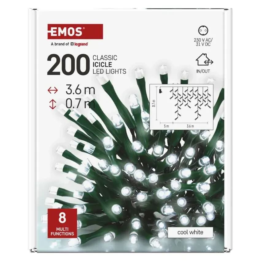 EMOS Oświetlenie Świąteczne Sople Kurtyna 200 LED 3,6m (Zimna Biel) – 8 Funkcji