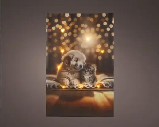 Świąteczny Obraz Canvas LED – Piesek i Kotek w Blasku Lampek