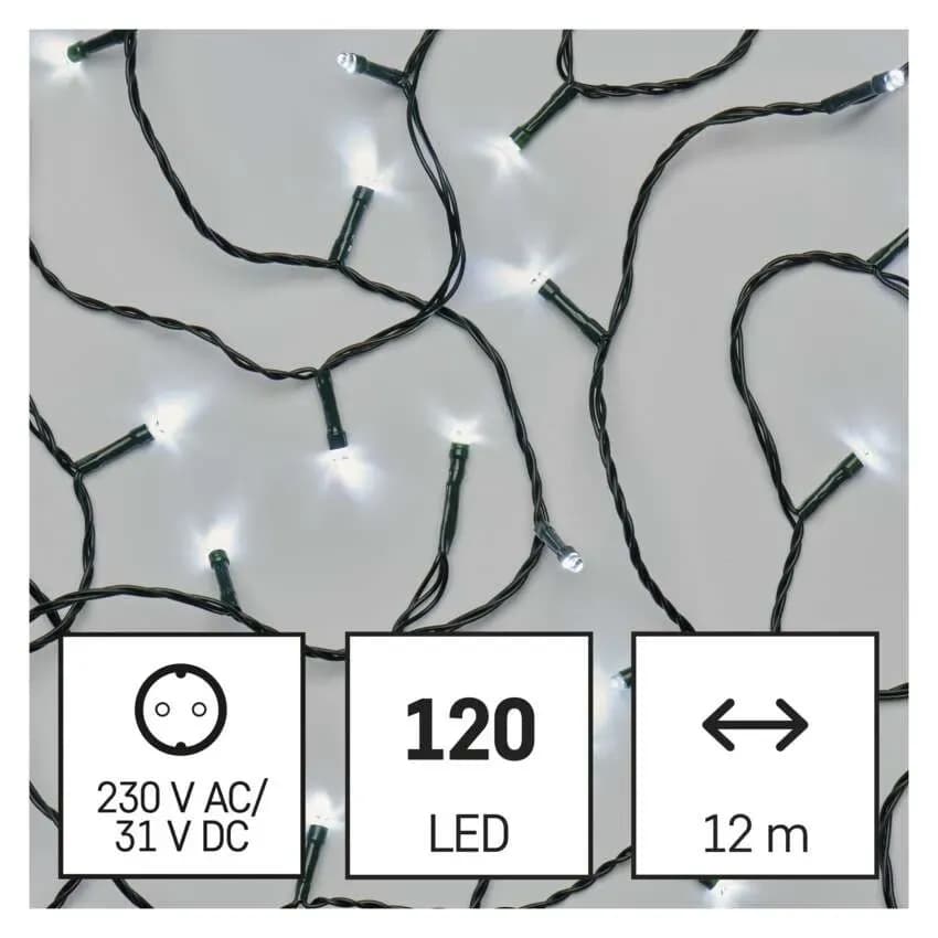 Lampki Choinkowe Świąteczne EMOS Classic 120 LED – 12m, Zimna Biel (Multifunkcja z Timerem)