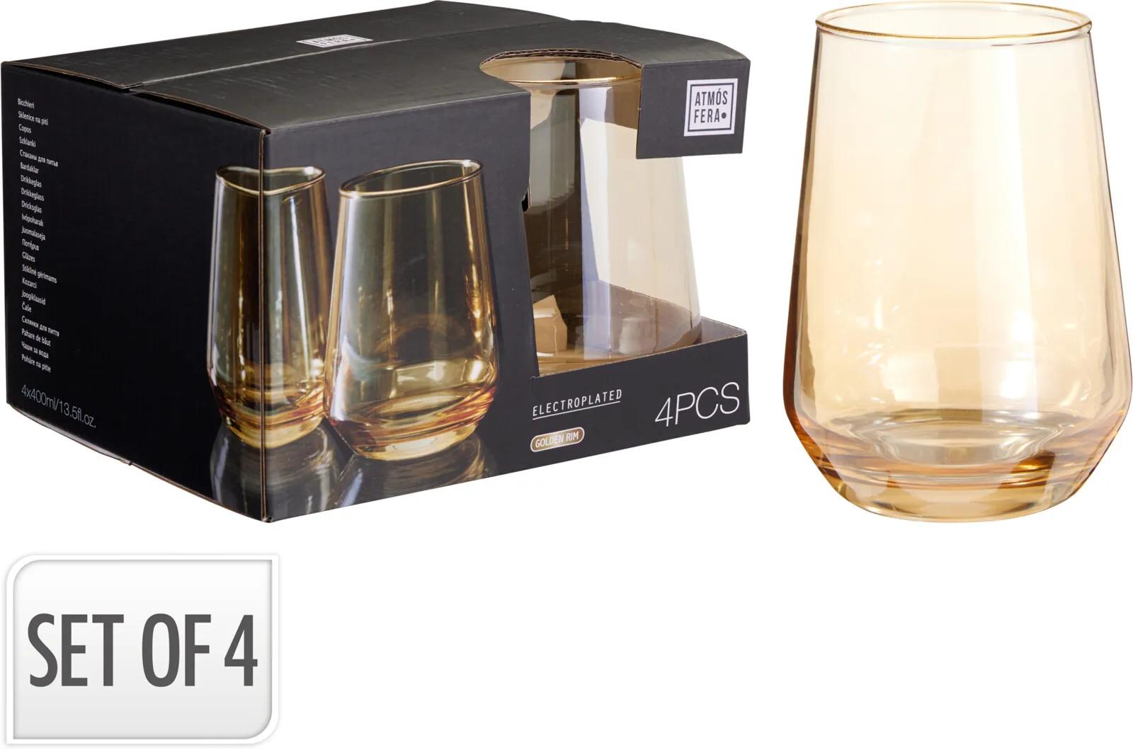 ELEGANCKI ZESTAW SZKLANEK BURSZTYNOWYCH ZE ZŁOTYM RANTEM – ATMOSFERA (4 SZTUKI, 400 ml)