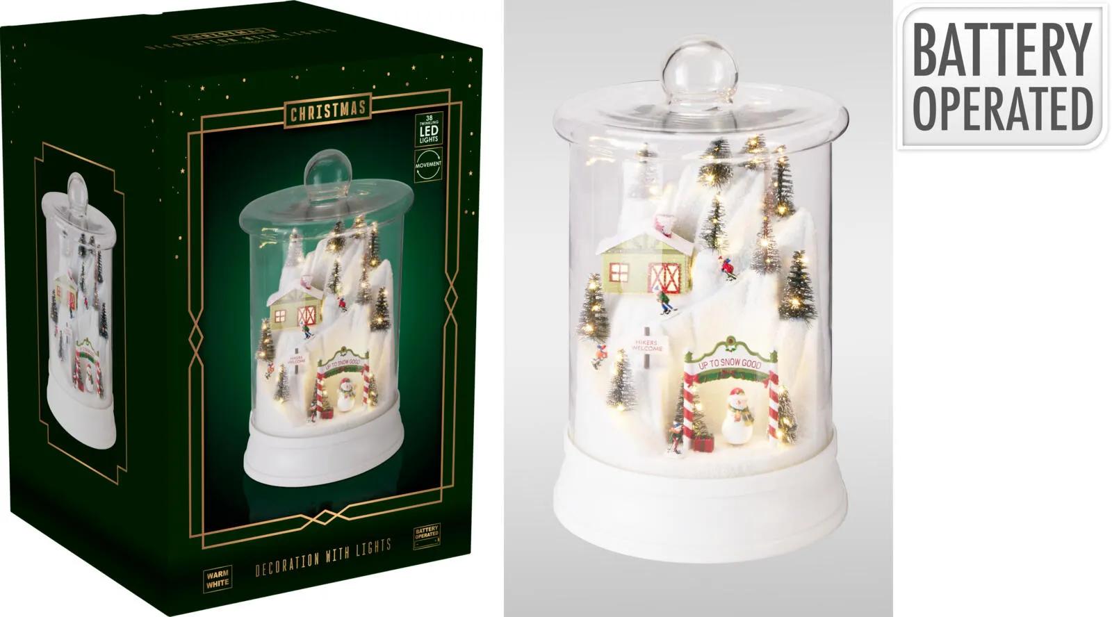 Szklana Kopuła LED 33cm – Ruchoma Pozytywka XXL, Zimowa Scena z Narciarzami i Kręcącym się Bałwankiem, 38 Diod z Efektem Twinkle