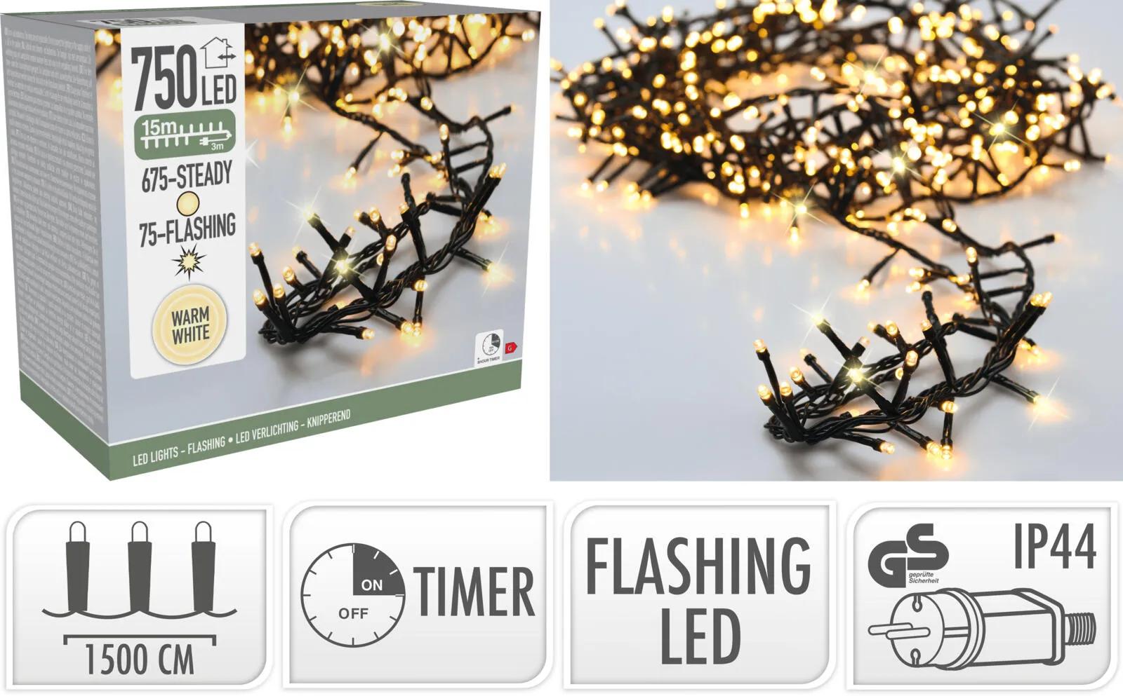 LAMPKI ŚWIATEŁKA CHOINKOWE 750 LED – CIEPŁA BIEL Z FLASHEM I TIMEREM