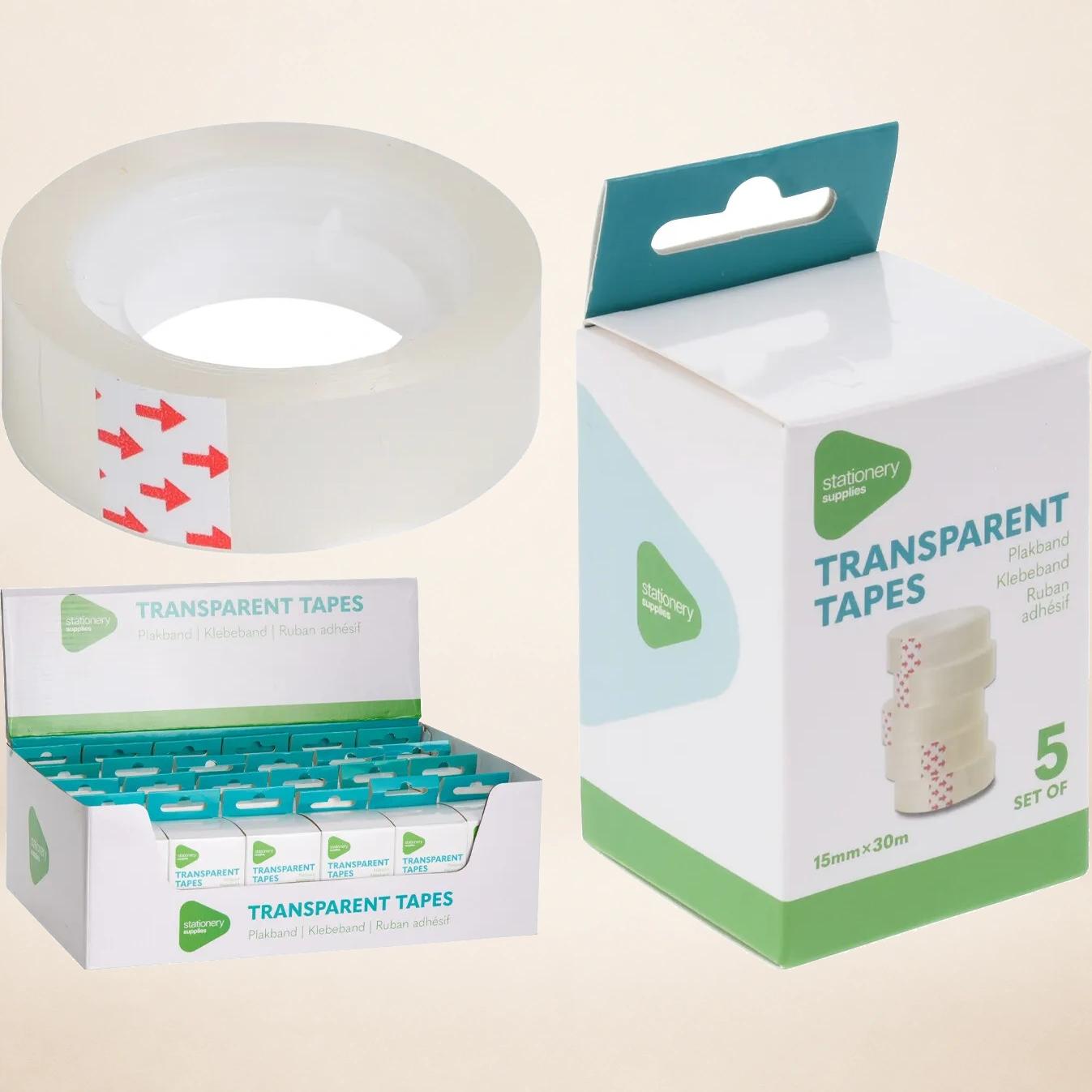 TAŚMA KLEJĄCA BIUROWA TRANSPARENTNA 15mm x 30m – ZESTAW 5 SZTUK