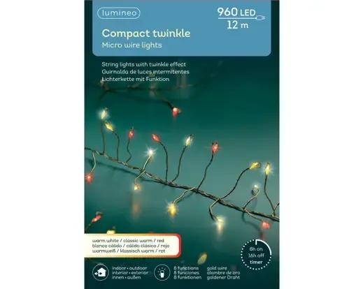 DRUCIKI CHOINKOWE COMPACT TWINKLE 960 LED – GĘSTE LAMPKI 12m Z TIMEREM (ZŁOTY DRUCIK / CIEPŁA BIEL + CZERWIEŃ)