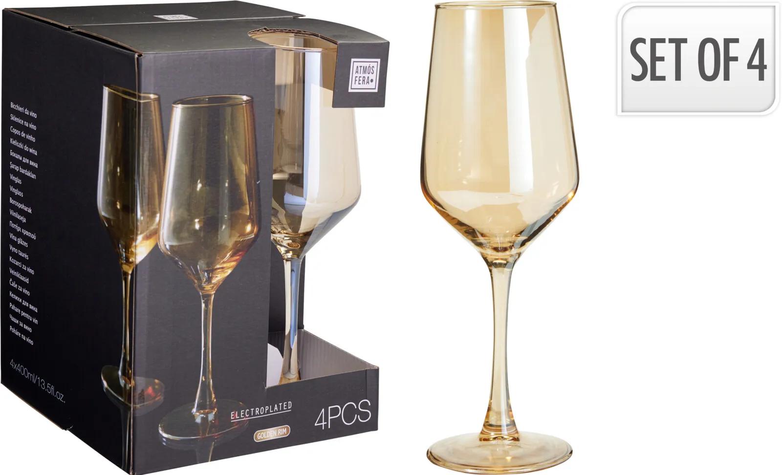 ELEGANCKI ZESTAW KIELISZKÓW DO WINA BURSZTYNOWYCH ZE ZŁOTYM RANTEM – ATMOSFERA (4 SZTUKI, 400 ml)