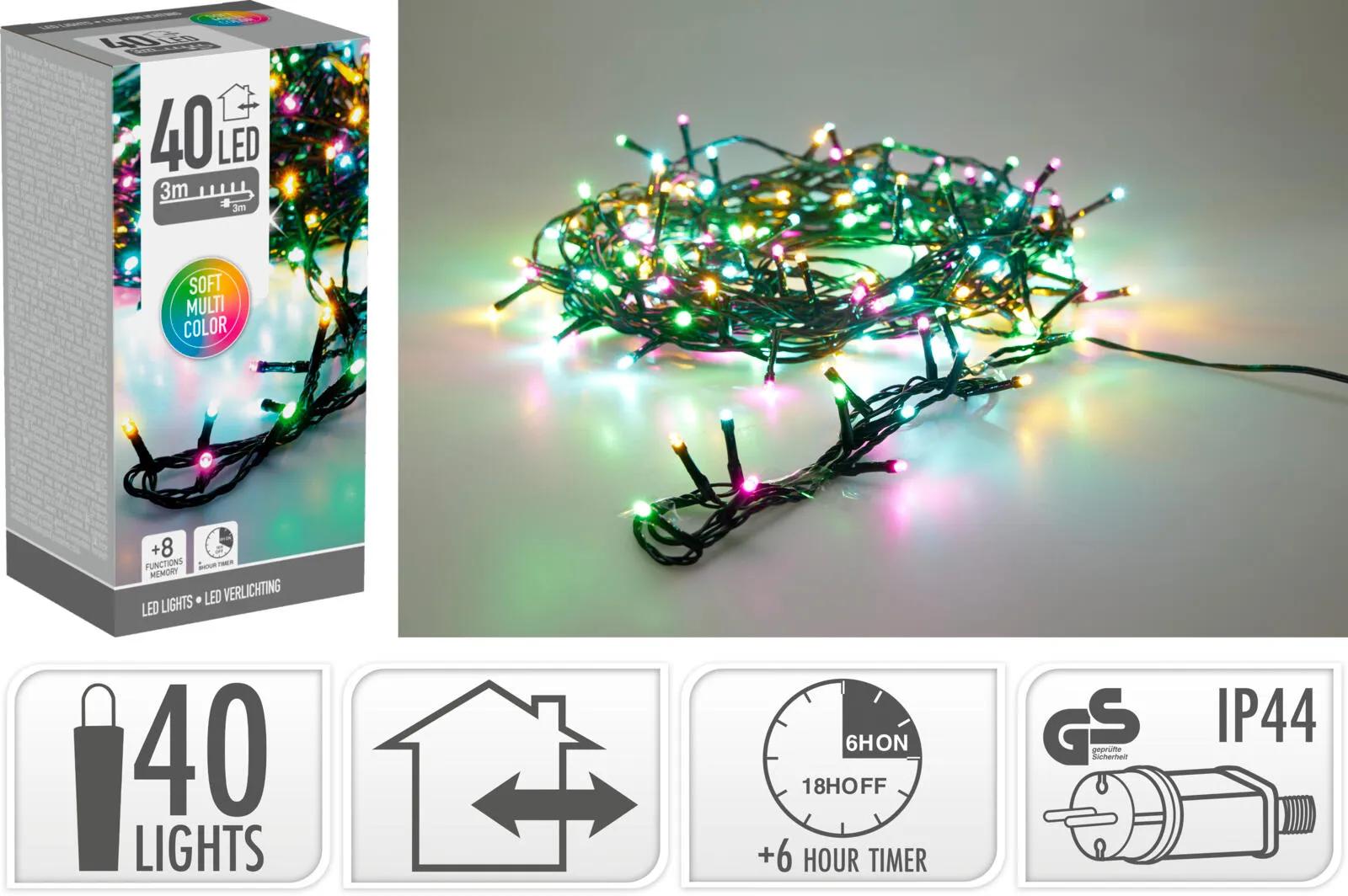 Lampki Choinkowe 40 LED 6m MULTIKOLOR – Światełka Zewnętrzne i Wewnętrzne IP44 z Programatorem i Timerem