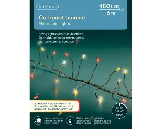 DRUCIKI CHOINKOWE COMPACT TWINKLE 480 LED – GĘSTE LAMPKI 6m Z TIMEREM (ZŁOTY DRUCIK / CIEPŁA BIEL + CZERWIEŃ)