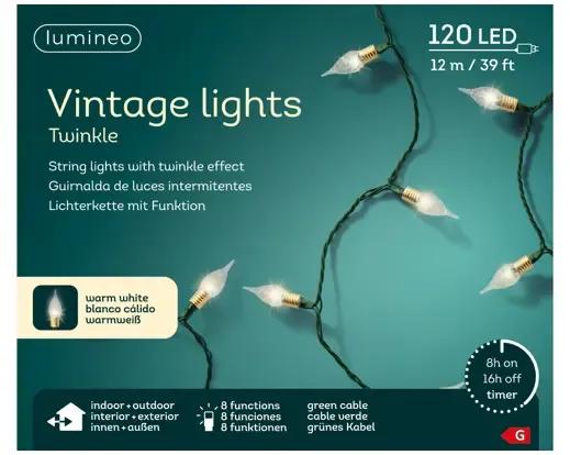 Lampki Choinkowe 120 LED Vintage Lights 12m – Ciepła Biel (Twinkle) Zielony Przewód