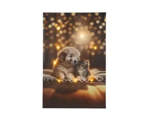 Świąteczny Obraz Canvas LED – Piesek i Kotek w Blasku Lampek