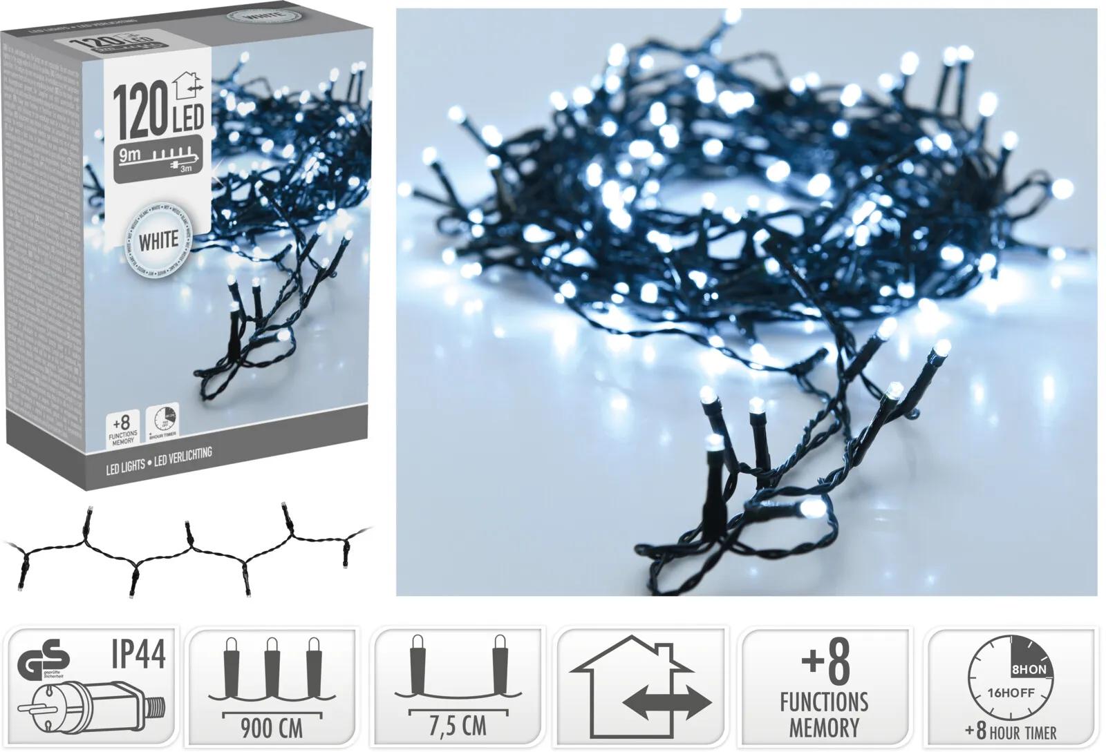 LAMPKI CHOINKOWE 120 LED ZIMNA BIEL – 9 METRÓW (TIMER + 8 FUNKCJI)