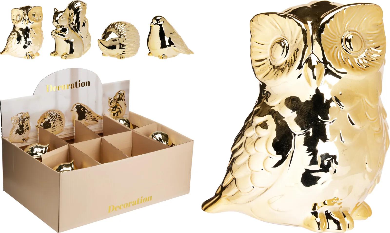 ZŁOTA FIGURKA CERAMICZNA ZWIERZĄTKO SOWA JEŻ PTAK GLAMOUR 12cm PREMIUM