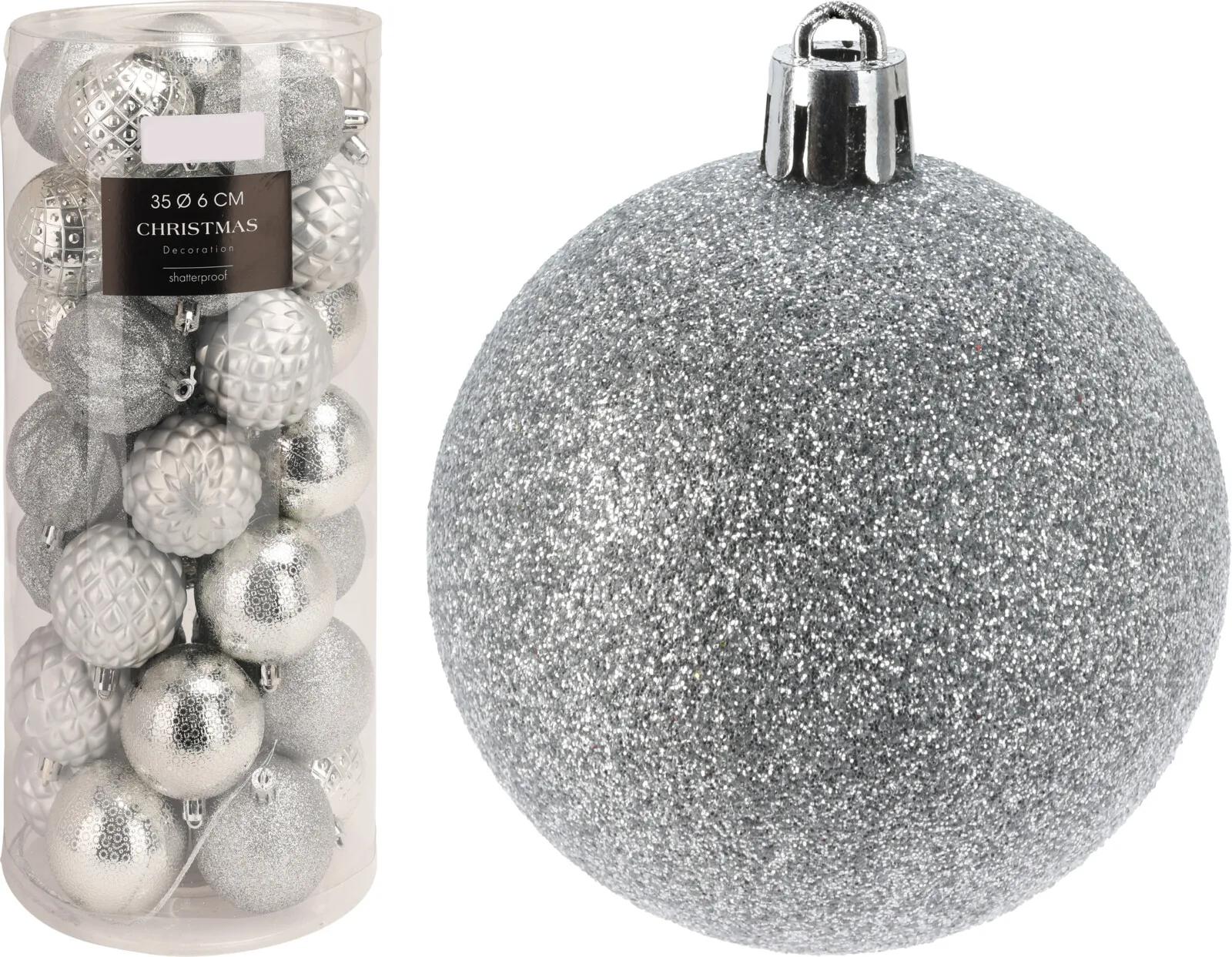 BOMBKI CHOINKOWE SREBRNE PLASTIKOWE ZESTAW ZESTAW 35 szt. 6 cm
