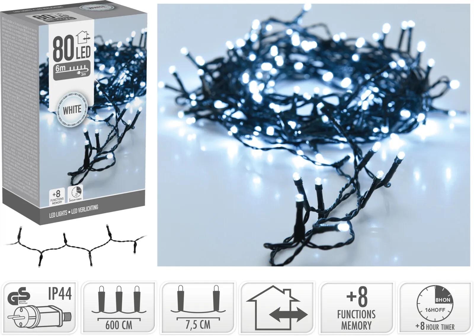 LAMPKI CHOINKOWE 80 LED ZIMNA BIEL – 6 METRÓW (TIMER + 8 FUNKCJI)