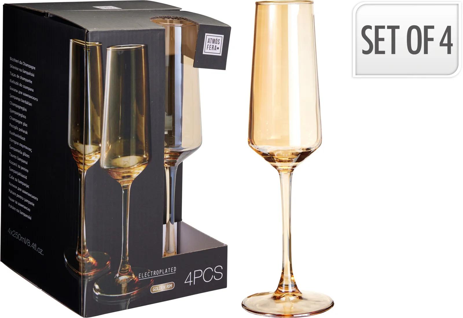 ELEGANCKI ZESTAW KIELISZKÓW DO SZAMPANA BURSZTYNOWYCH ZE ZŁOTYM RANTEM – ATMOSFERA (4 SZTUKI, 225 ml)