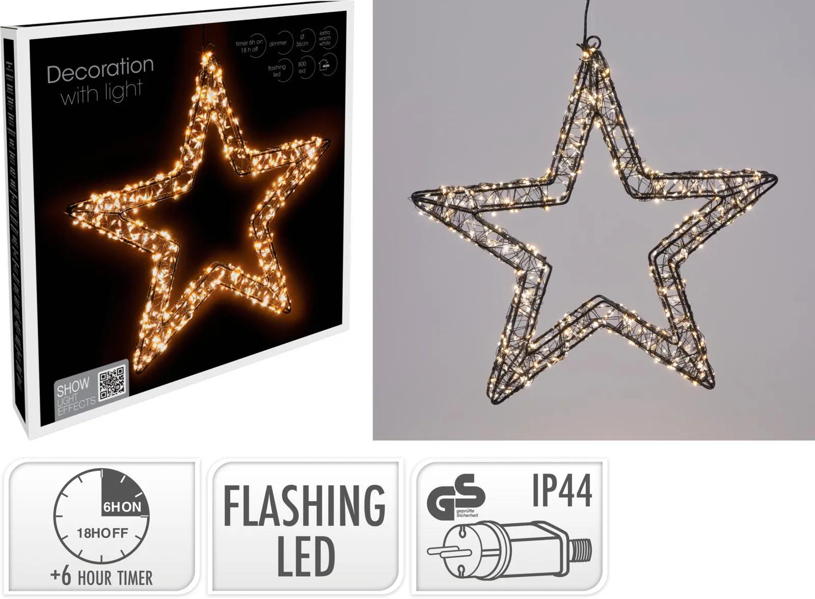CZARNA METALOWA GWIAZDA WISZĄCA 800 LED 36cm – CIEPŁA BIEL Z EFEKTEM BŁYSKU