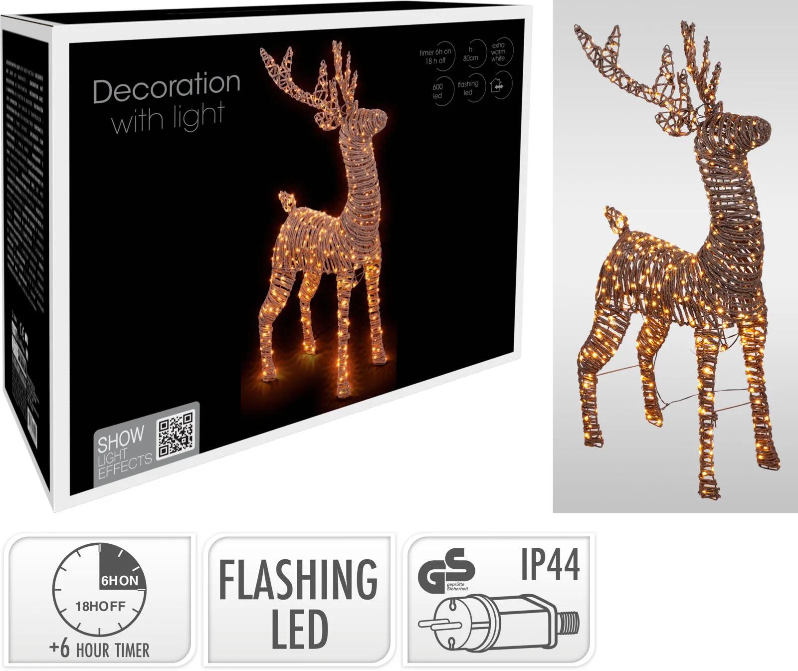 RENIFER OGRODOWY LED BRĄZOWY 80 cm – AKRYLOWA FIGURA 3D Z TIMEREM I FLASHEM