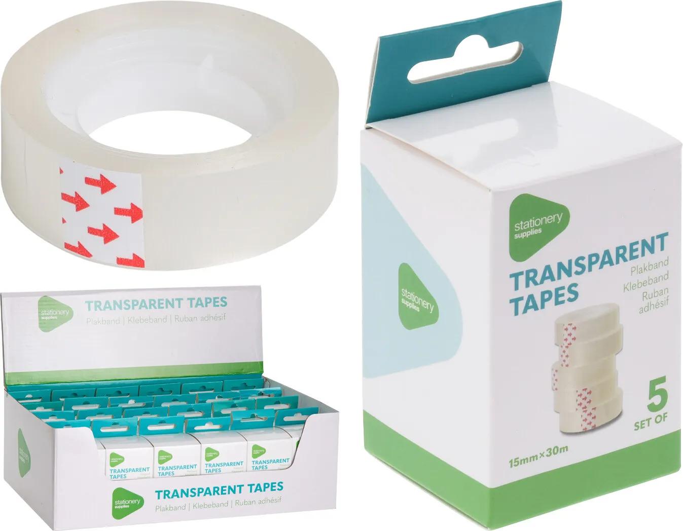TAŚMA KLEJĄCA BIUROWA TRANSPARENTNA 15mm x 30m – ZESTAW 5 SZTUK