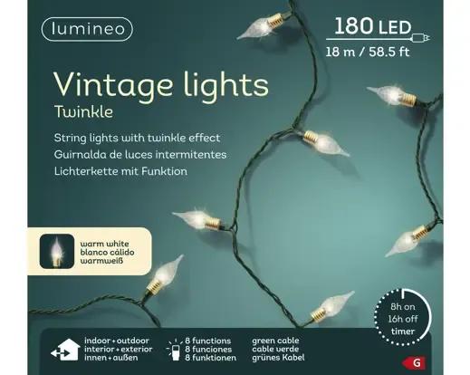 Lampki Choinkowe 180 LED Vintage Lights 18m – Ciepła Biel (Twinkle) Zielony Przewód